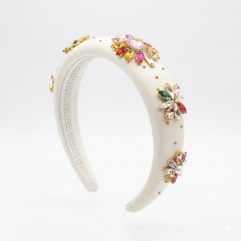 Ivory satin girls headband with faux pearls and multicolour crystal floral embellishments