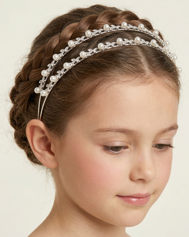 Silver slim headband with clear crystals and pearl drop detailing for girls