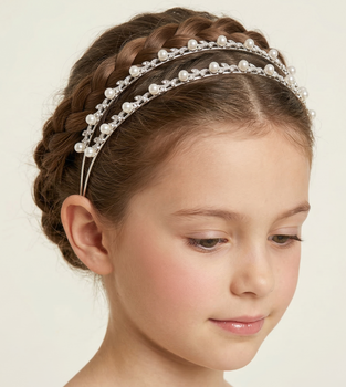 Silver slim headband with clear crystals and pearl drop detailing for girls