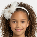 Ivory satin headband with layered organza petals and crystal centre detail for girls aged 2 to 12 years