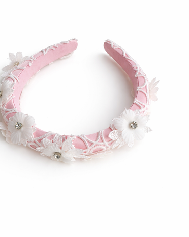 Pink satin headband with guipure lace overlay and crystal-centred floral appliqués for girls aged 2–12 years