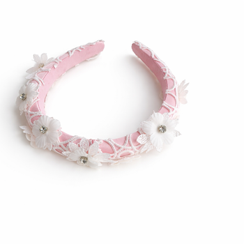 Pink satin headband with guipure lace overlay and crystal-centred floral appliqués for girls aged 2–12 years