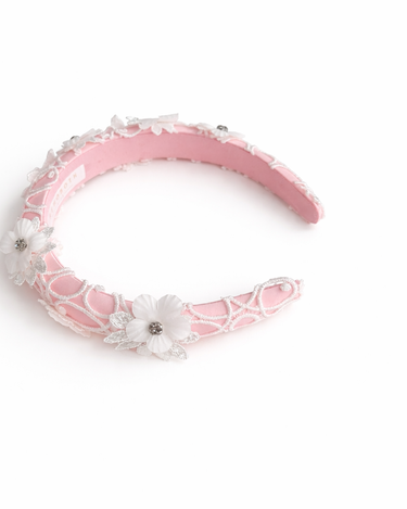 Pink satin headband with guipure lace overlay and crystal-centred floral appliqués for girls aged 2–12 years