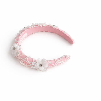 Pink satin headband with guipure lace overlay and crystal-centred floral appliqués for girls aged 2–12 years