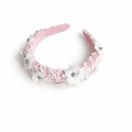 Pink satin headband with guipure lace overlay and crystal-centred floral appliqués for girls aged 2–12 years