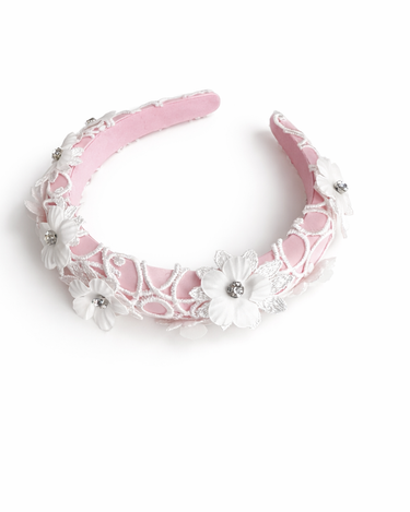 Pink satin headband with guipure lace overlay and crystal-centred floral appliqués for girls aged 2–12 years