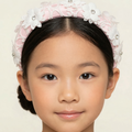 Pink satin headband with guipure lace overlay and crystal-centred floral appliqués for girls aged 2–12 years