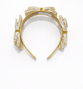 Gold headband with floral designs on a white background