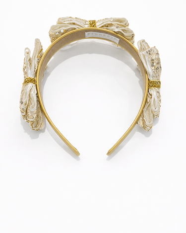 Gold headband with floral designs on a white background