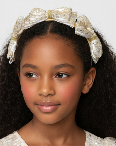 Young girl wearing a decorative headband with a bow on a plain background