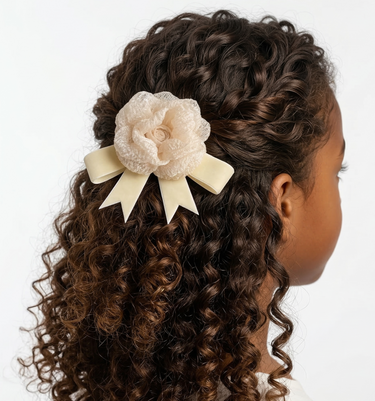 Ivory velvet rose hair clip with ivory velvet ribbon bow for girls