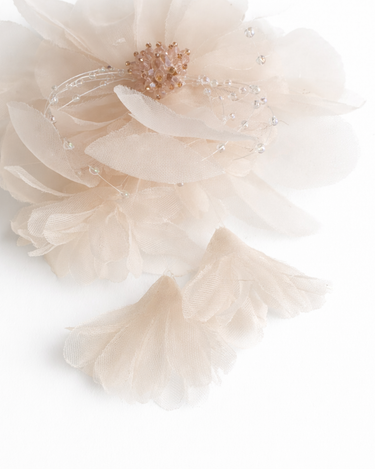 Light peach organza flower hair clip with crystal beaded centre and delicate bead detailing for girls