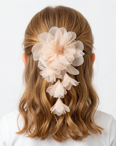 Light peach organza flower hair clip with crystal beaded centre and delicate bead detailing for girls