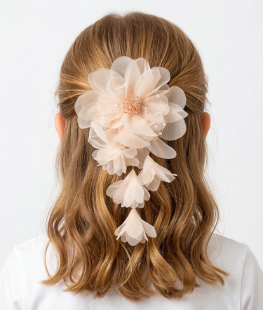 Light peach organza flower hair clip with crystal beaded centre and delicate bead detailing for girls