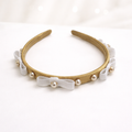 Luxury champagne gold satin headband with pearl accents and velvet bows for girls