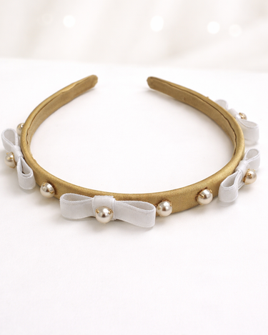 Luxury champagne gold satin headband with pearl accents and velvet bows for girls