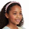 Luxury blush satin headband with pearl accents and velvet bows for girls