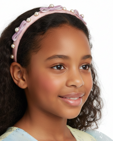 Luxury blush satin headband with pearl accents and velvet bows for girls