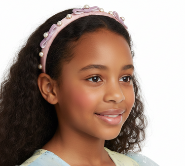 Luxury blush satin headband with pearl accents and velvet bows for girls