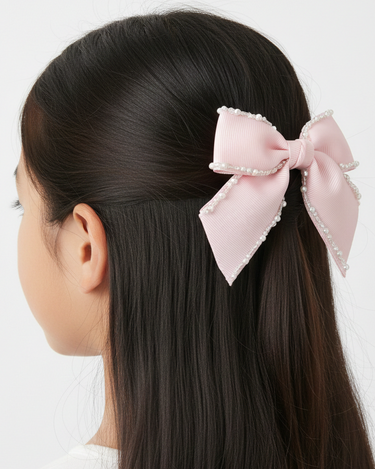 Luxury pearl trim signature bow hair clip for girls