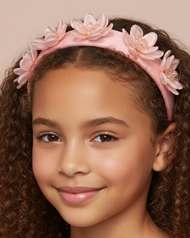 Luxury pink floral headband with sculpted petals and crystal embellishments for girls