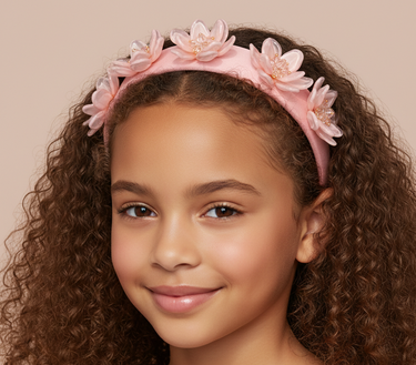 Luxury pink floral headband with sculpted petals and crystal embellishments for girls