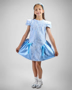 Girl in royal blue taffeta dress with sequin lace front and velvet bow accents.