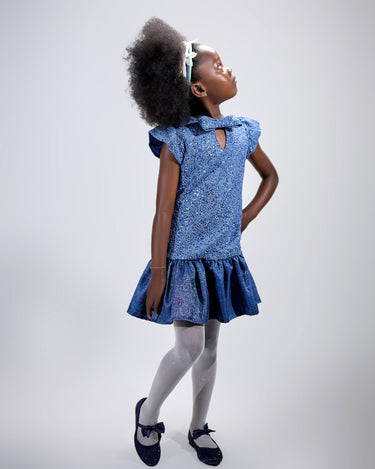Girl in sequined lace and denim-look taffeta dress with flutter sleeves.