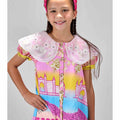 Girl in Dubai skyline print shirt dress with lace collar and puff sleeves.