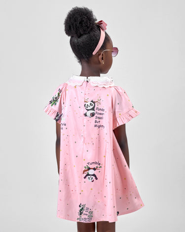 Girl in pink A-line dress with panda print and lace collar.
