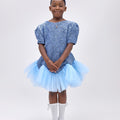Girl wearing soft blue embroidered lace dress with puff sleeves and tulle hem.