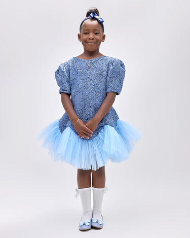 Girl wearing soft blue embroidered lace dress with puff sleeves and tulle hem.