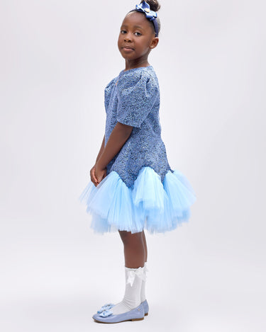 Girl wearing soft blue embroidered lace dress with puff sleeves and tulle hem.