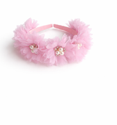 Luxury blush grosgrain ribbon headband with chiffon flowers, pearl accents and crystal centre detailing for girls aged 2–12 years