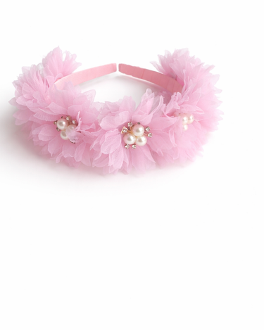 Luxury blush grosgrain ribbon headband with chiffon flowers, pearl accents and crystal centre detailing for girls aged 2–12 years