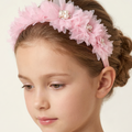 Luxury blush grosgrain ribbon headband with chiffon flowers, pearl accents and crystal centre detailing for girls aged 2–12 years