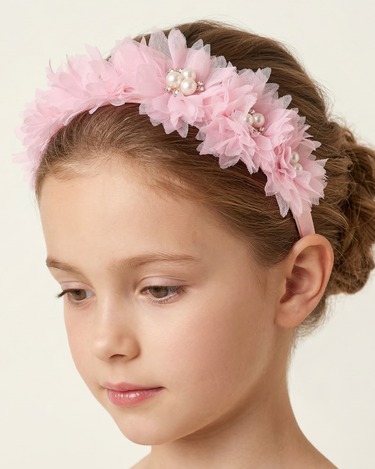 Luxury blush grosgrain ribbon headband with chiffon flowers, pearl accents and crystal centre detailing for girls aged 2–12 years