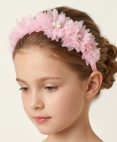 Luxury blush grosgrain ribbon headband with chiffon flowers, pearl accents and crystal centre detailing for girls aged 2–12 years