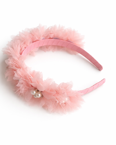 Blush pearl and crystal flower headband for girls aged 2–12 years, grosgrain ribbon wrapped designer hair accessory for weddings and special occasions