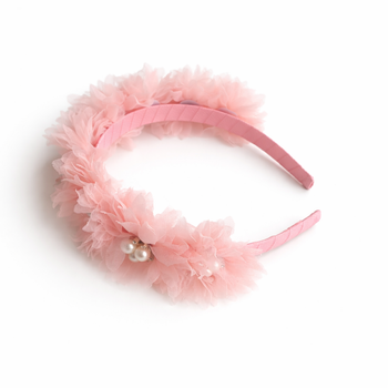 Blush pearl and crystal flower headband for girls aged 2–12 years, grosgrain ribbon wrapped designer hair accessory for weddings and special occasions