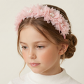 Blush pearl and crystal flower headband for girls aged 2–12 years, grosgrain ribbon wrapped designer hair accessory for weddings and special occasions