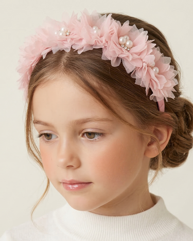 Blush pearl and crystal flower headband for girls aged 2–12 years, grosgrain ribbon wrapped designer hair accessory for weddings and special occasions