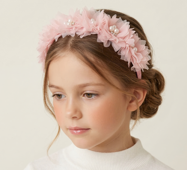 Blush pearl and crystal flower headband for girls aged 2–12 years, grosgrain ribbon wrapped designer hair accessory for weddings and special occasions