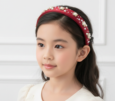 Rosette Pearl Burgundy Satin Headband