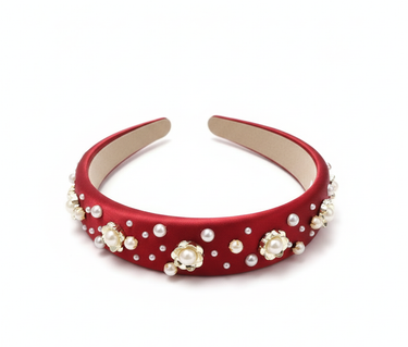 Rosette Pearl Burgundy Satin Headband