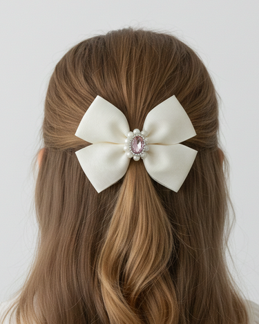 White hair bow with a central gemstone on brown hair against a white background