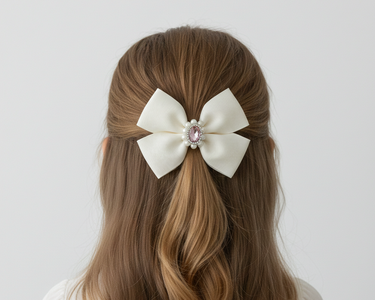 White hair bow with a central gemstone on brown hair against a white background