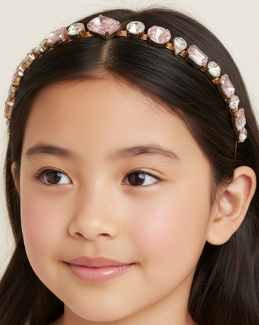 Young girl wearing a decorative headband with pink and gold elements on a plain background