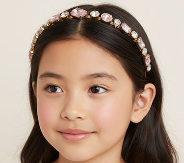 Young girl wearing a decorative headband with pink and gold elements on a plain background