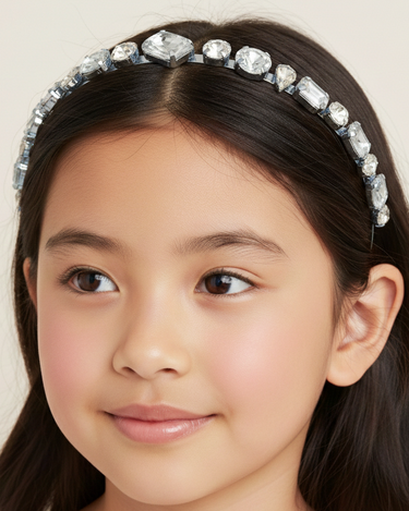 Young girl wearing a decorative headband with crystals on a plain background